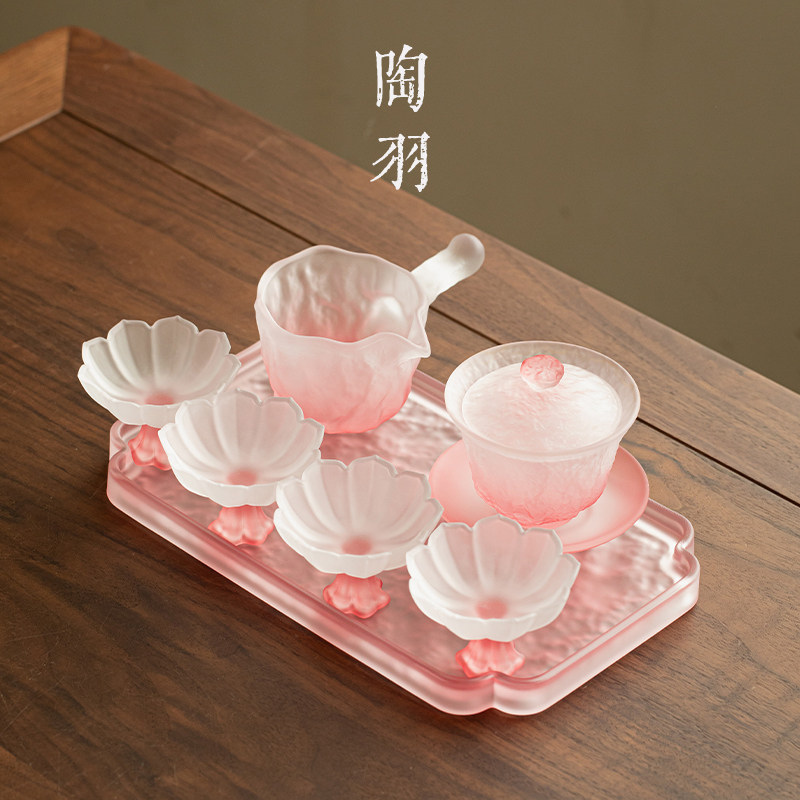 云涌上神盖碗玻璃茶盘小套组家用耐热玻璃茶碗琉璃粉功夫茶具套装