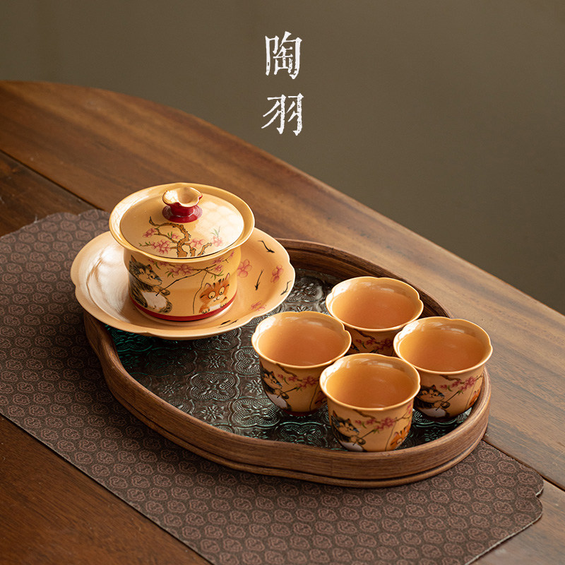 仿柴烧花涧喵趣莲语盖碗海棠盘小套组家用陶瓷泡茶碗功夫茶具套装