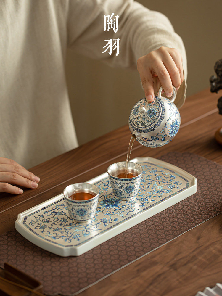 鎏银福运连连干泡盘陶瓷小型茶盘壶承中式功夫茶具配件覆古茶托盘