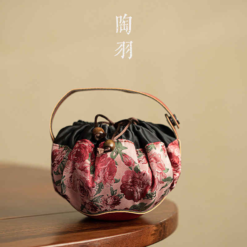 红玫瑰灯笼包抽绳收纳包便携式旅行茶具收纳袋茶杯轻奢高档手提袋