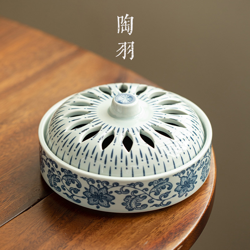 仿古青花大号盘香炉缠枝莲纹家用陶瓷香薰炉新中式高档茶道配件