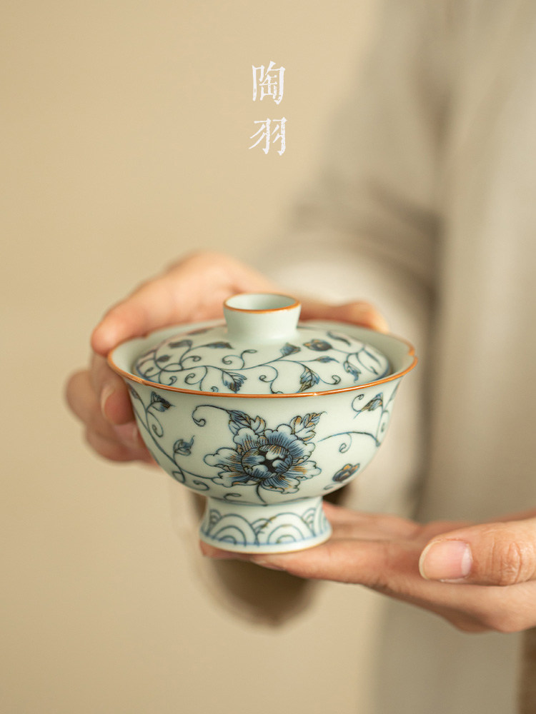 彷宋汝窑牡丹花瓣二才盖碗家用陶瓷泡茶碗防烫手功夫茶具泡茶壶