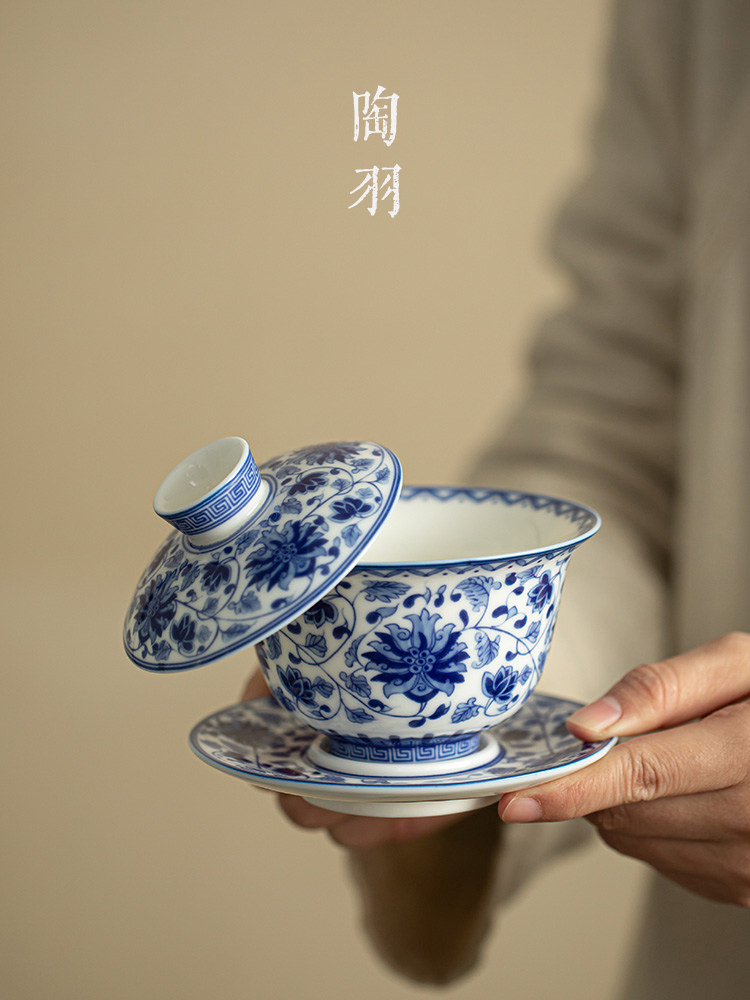 青花莲悬停三彩盖碗家用防烫陶瓷茶碗功夫茶具茶具茶杯