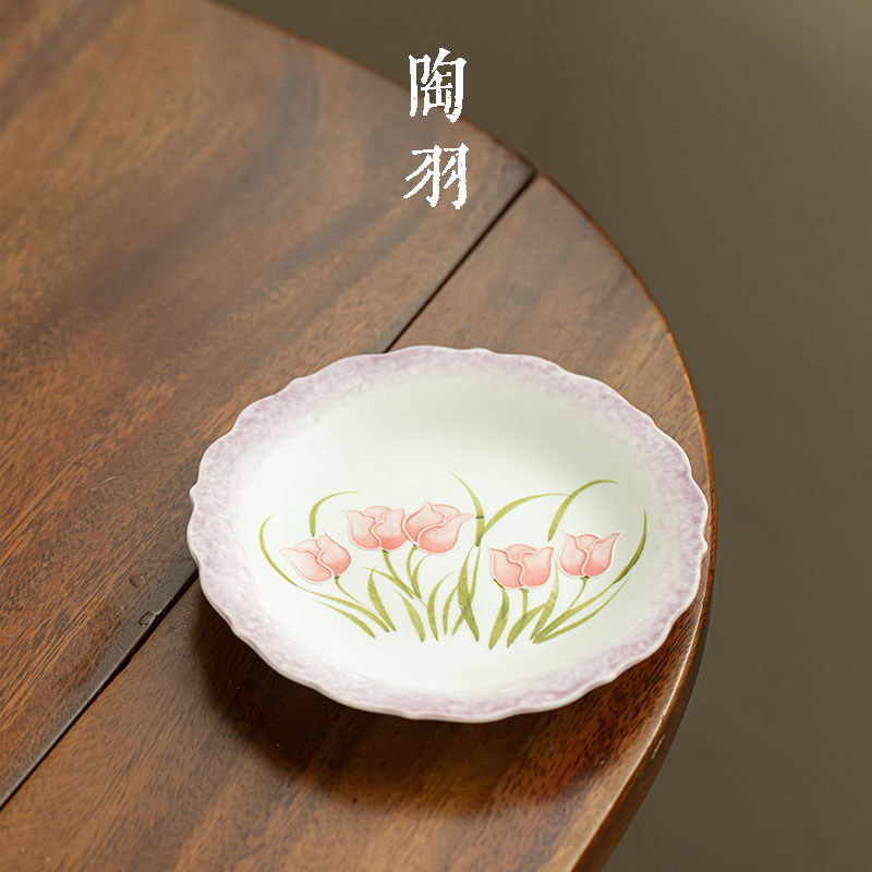岩矿白郁金香花边壶承高档家用陶瓷茶点盘轻奢功夫茶具茶道配件