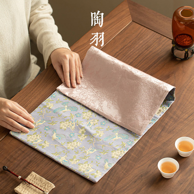 蓝羽花影双面刺绣双面茶席