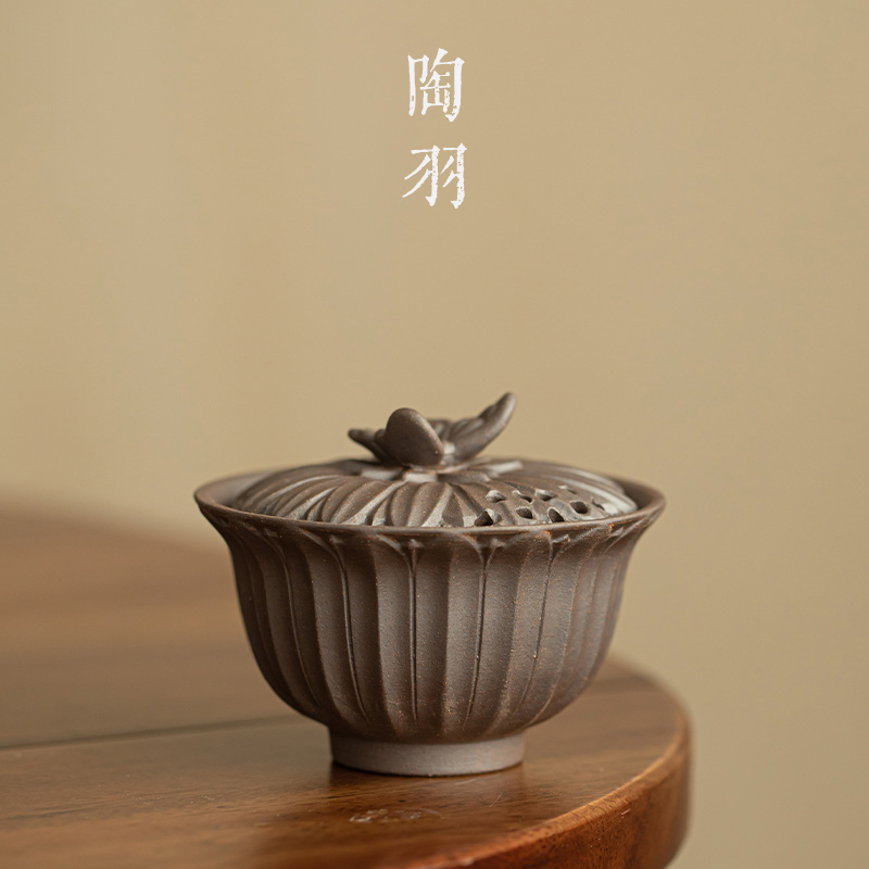 老陶泥粗陶蝴蝶二才蓋碗家用