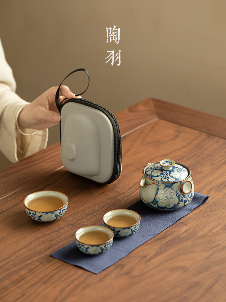 彷宋代汝窑元青花铜钱壶一壶三杯旅行茶具陶瓷手壶户外便携快杯