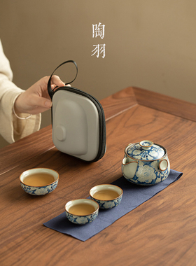 彷宋代汝窑元青花铜钱壶一壶三杯旅行茶具陶瓷手壶户外便携快杯