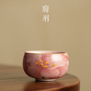 粉汝窑百合花罗汉杯家用陶瓷茶杯主人杯个人专用品茗杯功夫茶具