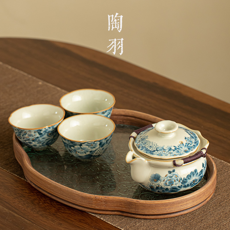 汝窑金万花手抓壶功夫茶具套装