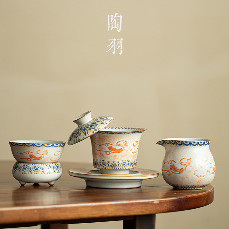 仿宋汝窑敦煌飞天元宝盖碗家用防烫陶瓷泡茶碗高档功夫茶具配件