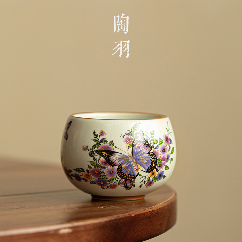 仿宋汝窑春丛蝶影主人杯家用陶瓷茶杯单杯功夫茶具个人专用品茗杯,餐饮具,茶杯,淘宝优惠券,粉丝福利购,淘宝优惠卷