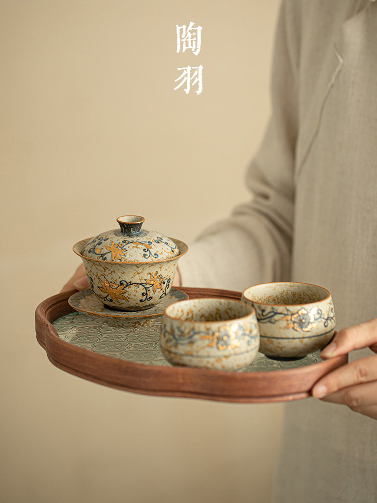 包莲手绘蓝白火石红三彩盖碗一壶两杯茶碗茶杯家用覆古功夫茶具