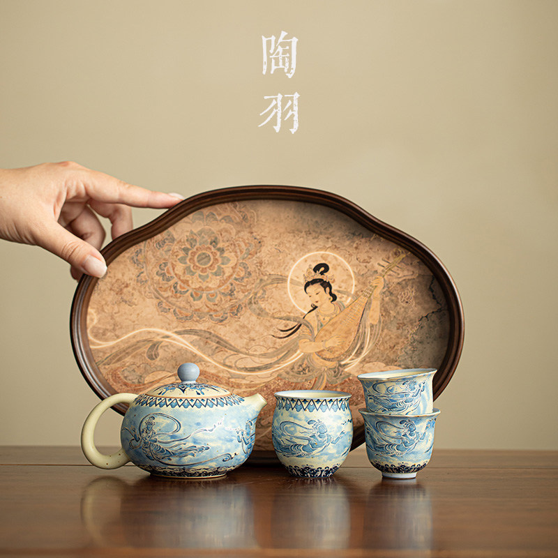 青花火石红敦煌飞天西施壶小套组家用陶瓷一壶三杯功夫茶具套装