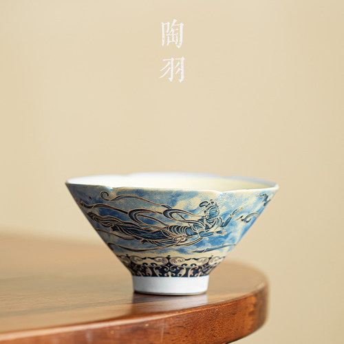青花火石红敦煌飞天斗笠花口杯家用陶瓷茶杯高档功夫茶具品茗杯