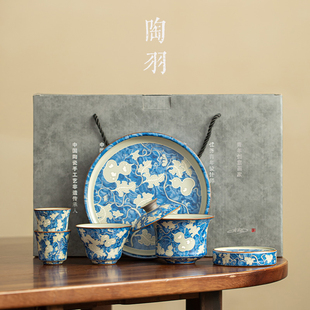 仿宋汝窑青花悬停三才盖碗家用一壶三杯陶瓷功夫茶具套装礼盒装