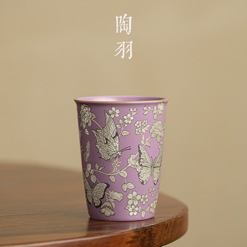 汝窑鎏银蝶恋花可乐杯陶瓷茶杯