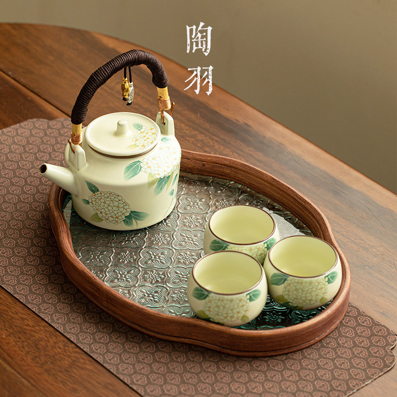 汝窑绣球花提梁壶功夫茶具套装