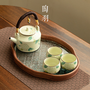 仿宋汝窑绣球花提梁壶一壶三杯陶瓷过滤泡茶壶家用功夫茶具套装