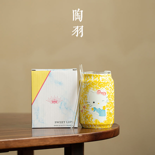堆雕手绘可乐杯kitty猫茶杯家用陶瓷主人杯创意功夫茶具品茗杯