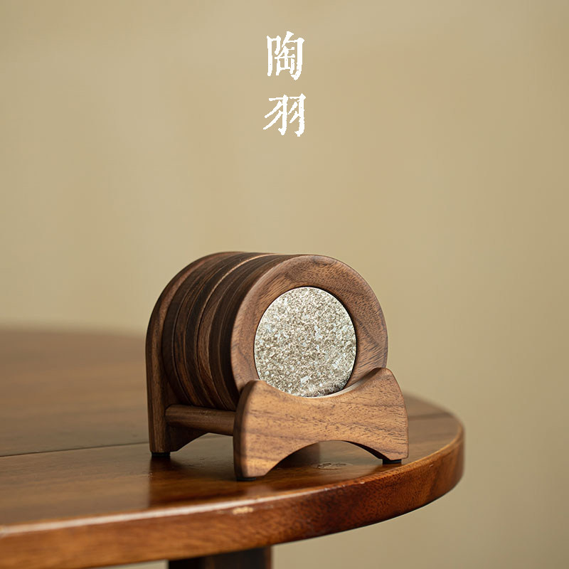 中式复古胡桃木钛心杯垫套组高档家用木质杯托轻奢功夫茶具配件
