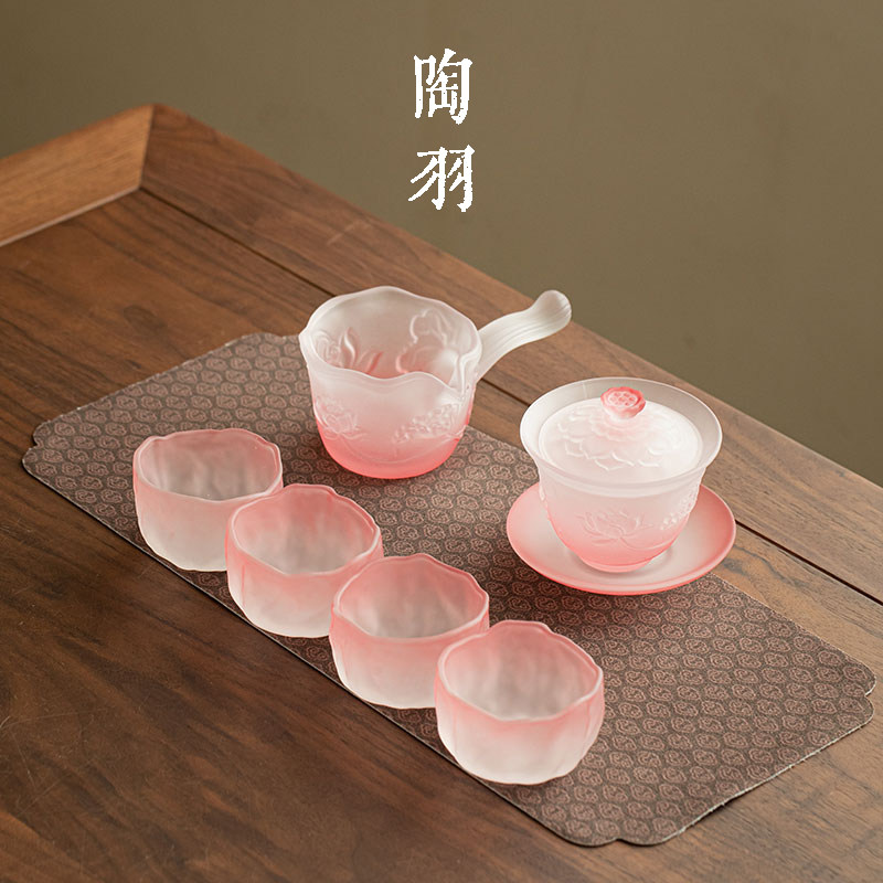 粉雾荷塘月色三才盖碗配四杯家用防烫玻璃公道杯高档功夫茶具套组
