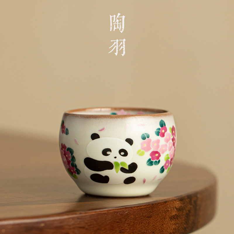 汝窑熊猫猪油冻小圆杯茶杯单杯客杯主人杯手工开片可养中式品茗杯