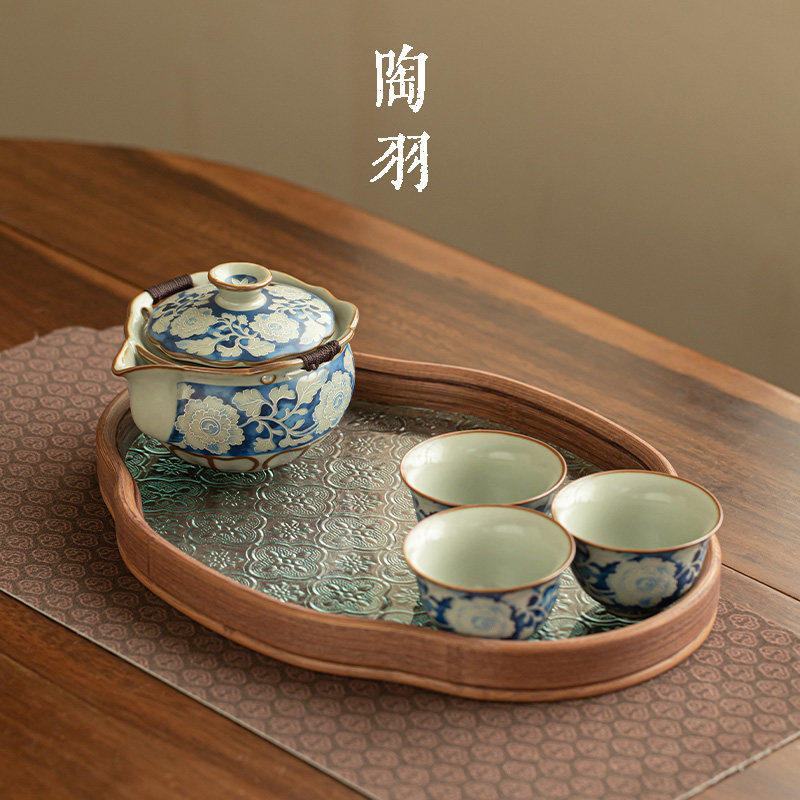 汝窑元青花宝瓶手抓壶一壶三杯