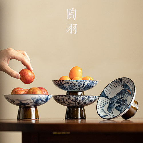 青花陶瓷高脚点心盘糖果盘