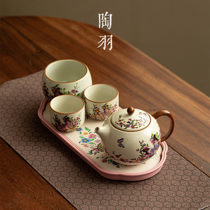 仿宋汝窑春丛蝶影一壶三杯泡茶小套组家用陶瓷茶壶茶杯功夫茶具,餐饮具,功夫茶具,淘宝优惠券,粉丝福利购,淘宝优惠卷