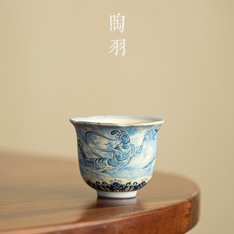 青花火石红敦煌飞天花瓣杯家用防烫陶瓷茶杯功夫茶具品茗杯单杯