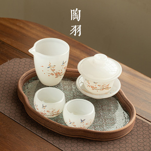 喜鹊报春琉璃三才盖碗一壶两杯带茶盘家用泡茶碗茶杯功夫茶具套装