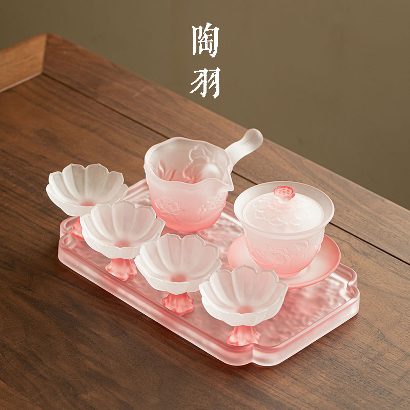 粉雾荷塘月色三才盖碗配四杯高档耐热玻璃茶碗功夫茶具茶盘小套组