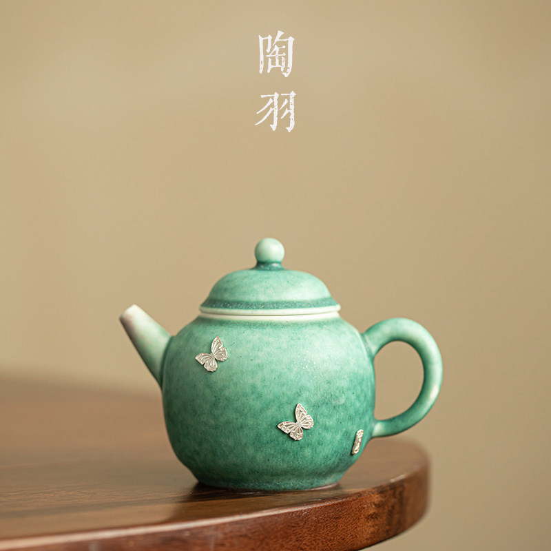 松柏青窑变釉蝴蝶茶壶手工