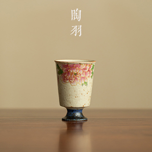 青花火石红金丝牡丹闻香杯家用陶瓷茶杯主人杯个人品茗杯功夫茶具