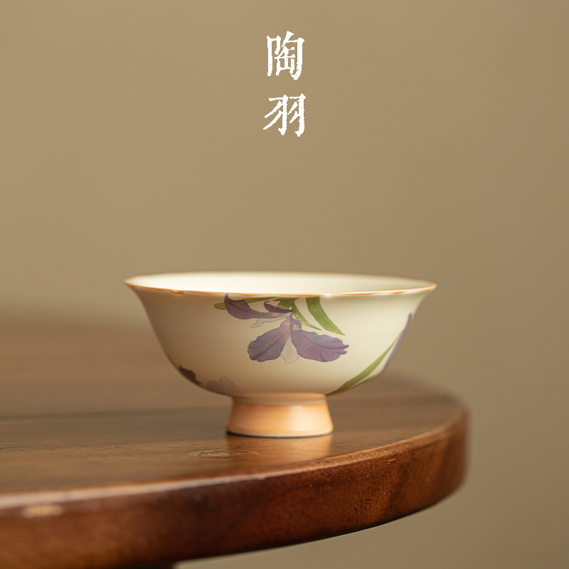 米黄鸢尾花花口杯家用陶瓷茶杯主人杯个人专用品茗杯功夫茶具单杯