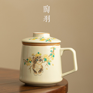 汝窑猫咪陶瓷茶具泡茶杯个人专用茶水分离办公室带盖过滤马克杯子