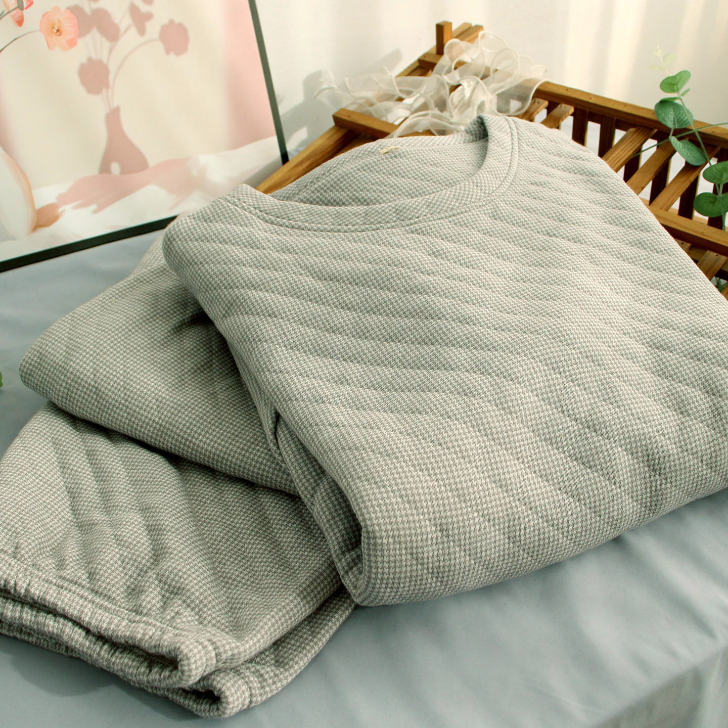 套头束脚空气层夹棉男士家居服全棉保暖秋冬睡衣圆领纯棉中厚年轻