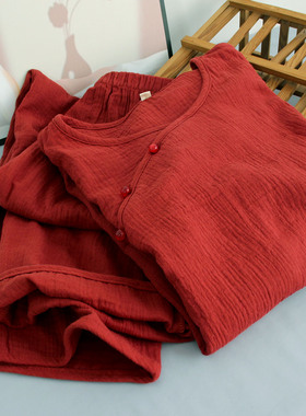 女士结婚睡衣纯棉双层绉布棉纱红色睡眠服本命年家居服套装长袖