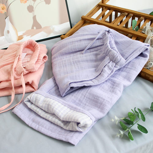 色织纯棉双层纱布女士睡裤长裤