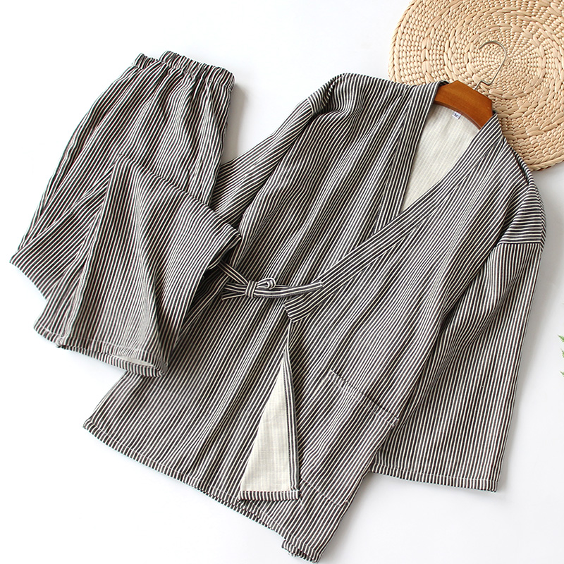 全棉条纹和服家居服日系风简约睡衣纯棉厚双层纱布秋男女同款