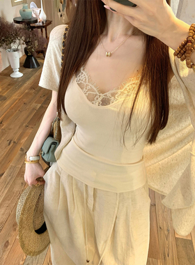 MaxMooroe柔欲白开水%纯欲辣妹吊带背心女夏季蕾丝显瘦白色上衣