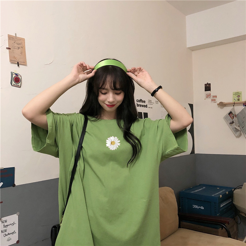 實拍 網紅ins超火短袖t恤女韓版寬鬆中長款小雛菊連衣裙