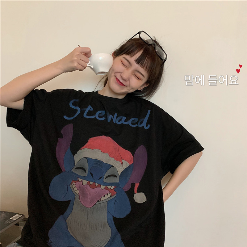 Real shot new summer Korean version ins hip hop cartoon print loose BF black T-shirt top half sleeve