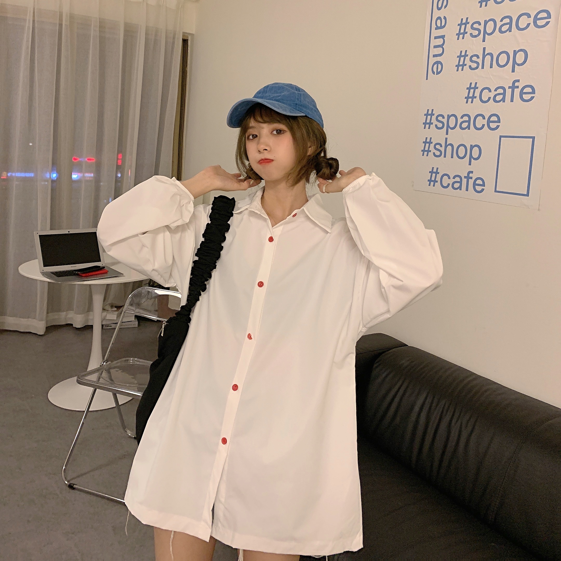 Real video polyester design sense minority top loose thin white shirt