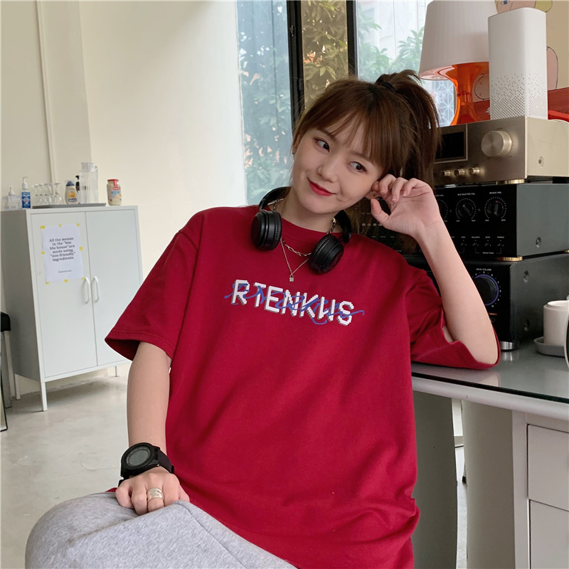 Real video cotton short sleeve T-shirt red loose and fashionable half sleeve net red super fire top T-shirt