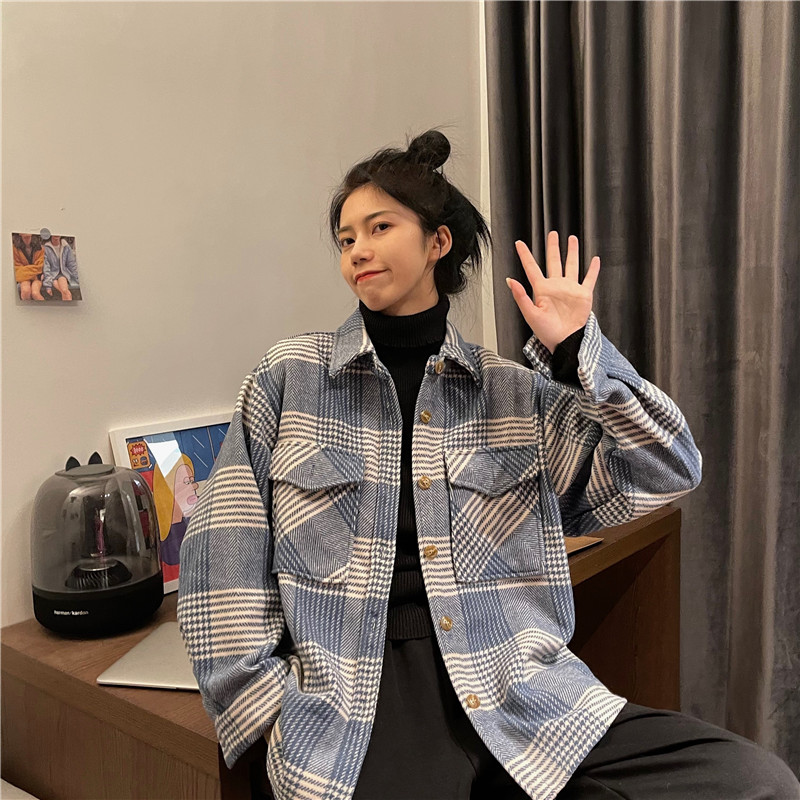 Real shooting autumn and winter new Korean retro Plaid contrast long sleeve shirt female loose lazy student shirt