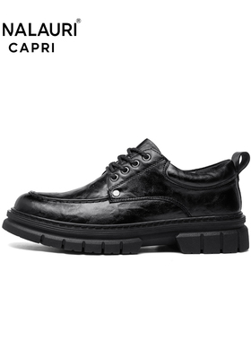意大利PIALAURICAPRI商务休闲德比鞋男黑色系带休闲皮鞋舒适百搭