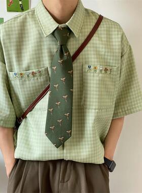 YINKESEN绿色小众衬衫短袖男生森系美式复古休闲宽松格子衬衣外套