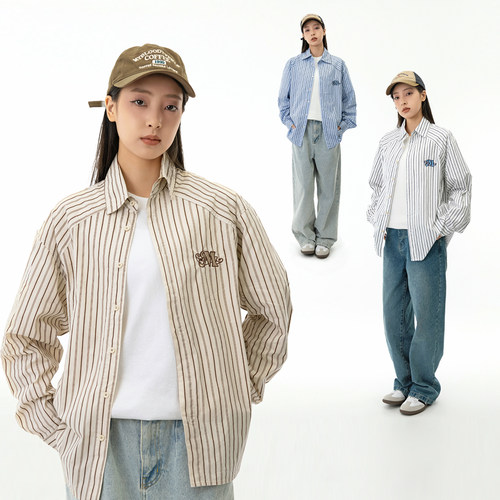 休闲BF风条纹长袖衬衫刺绣